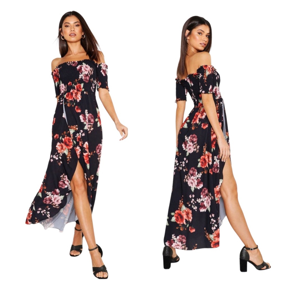 Boohoo Black Floral Off the Shoulder Shirred Maxi Dress